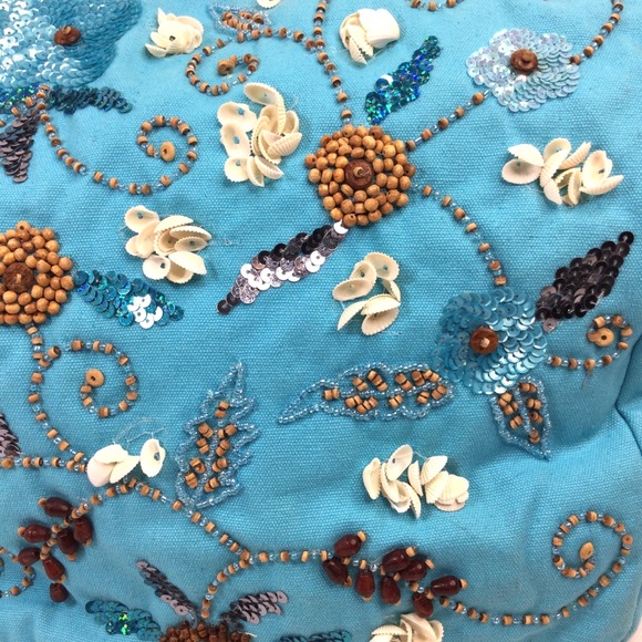 Spiegel 100% Cotton, Sea Shells, Beads and Sequins Embellished Turquoise Bag. - Picture 4 of 10